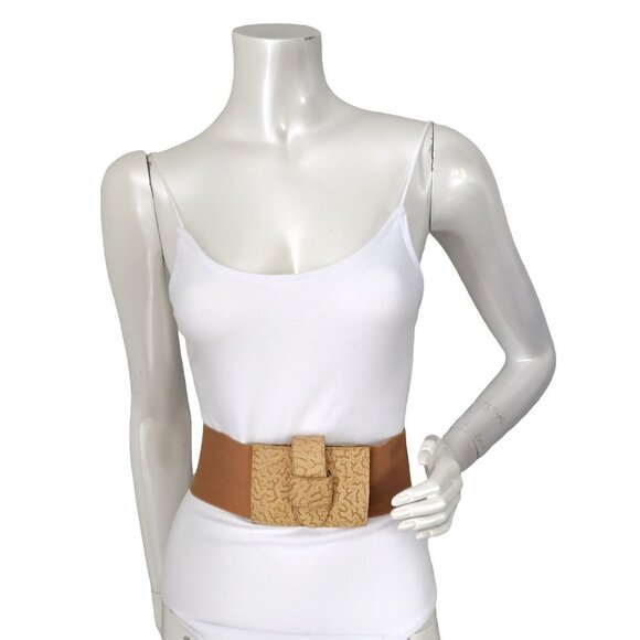 Vintage DIVINE Wide Elastic Leather Cinch Belt Stretch Tan Brown Made in Canada - Picture 1 of 9